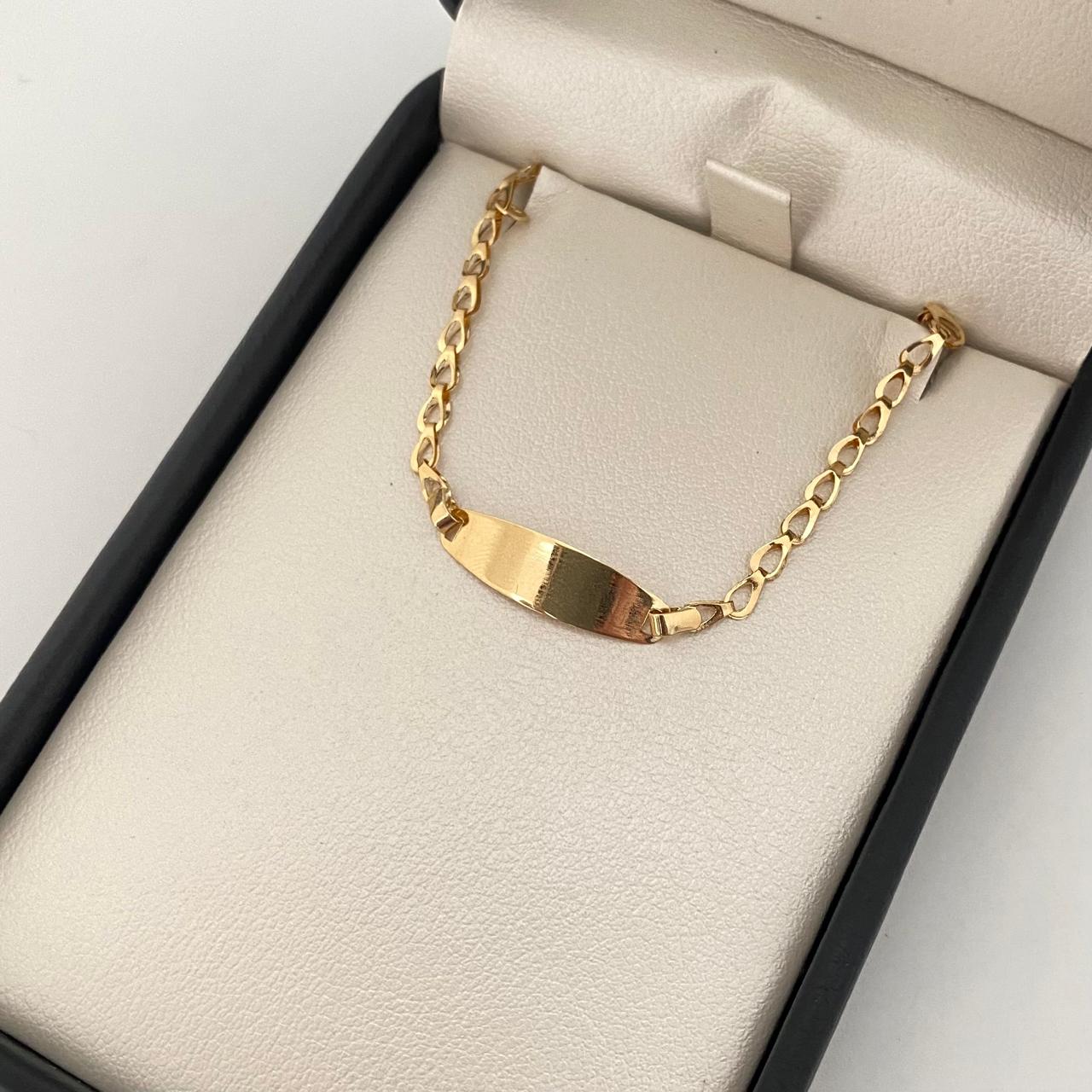 Pulso bebé placa semi rectangular tejido gota Oro amarillo 18k 1,15 Gr / 14,5 Cm  Broche 0,15